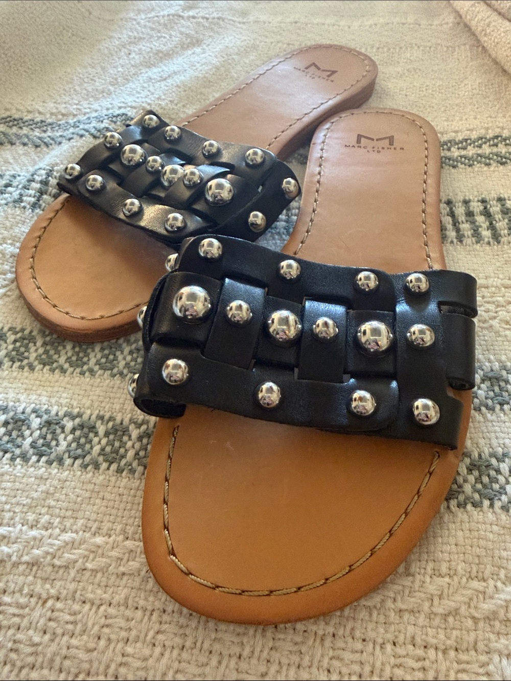 Marc Fisher Black Leather Slide Sandals with Silver Studs